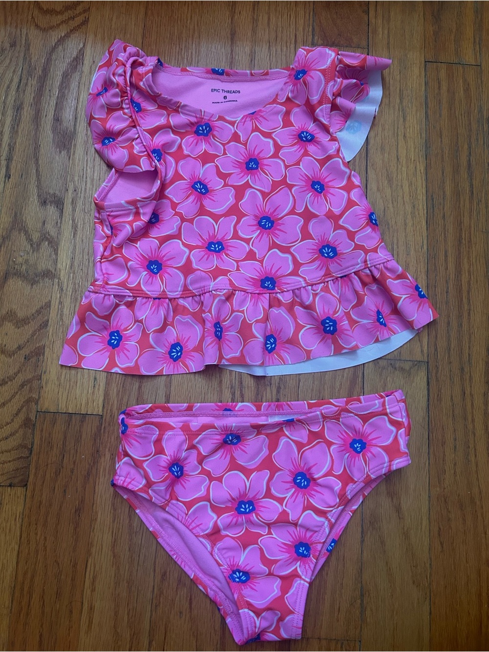 Epic Threads Pink Floral Ruffle Tankini two piece size 6